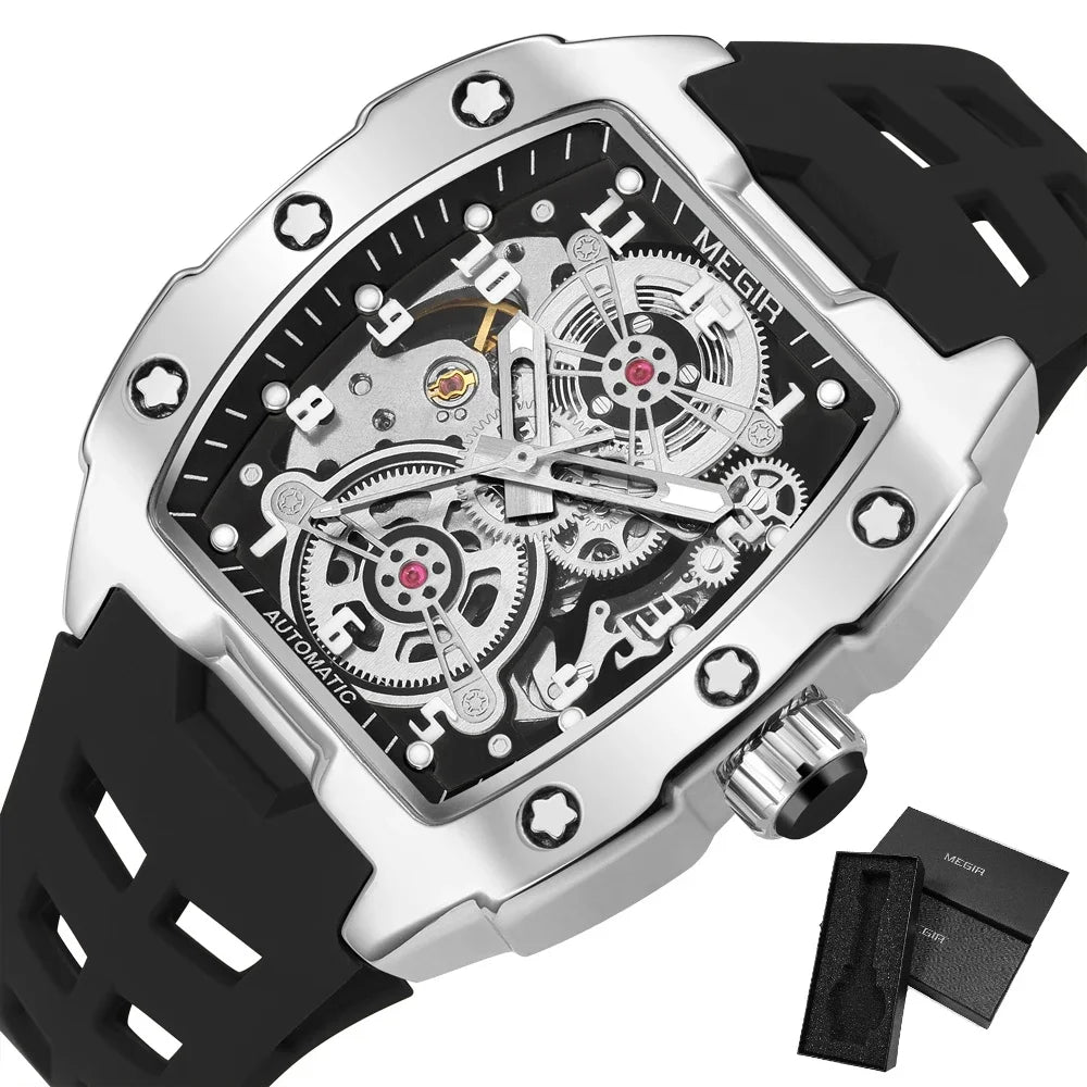 MEGIR Fashion Sport Alloy Case Men Mechanics Watch Waterproof Silicone Band Barrel Shaped Dial Luminous Pointer Man Wristwatches