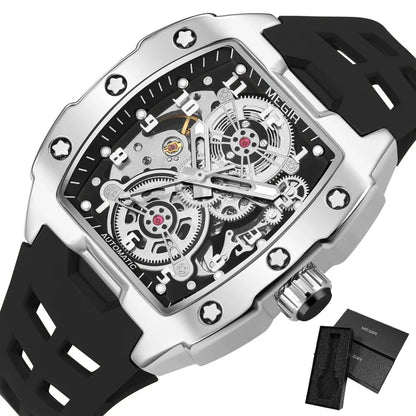 MEGIR Fashion Sport Alloy Case Men Mechanics Watch Waterproof Silicone Band Barrel Shaped Dial Luminous Pointer Man Wristwatches