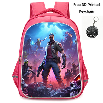 FORTNITE 16-inch Durable Lightweight Backpack, Dual Zipper Pockets, Cartoon Style for Boys & Girls 6-10,Free 3D Printed Keychain