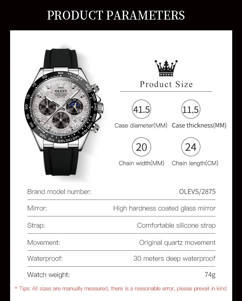 OLEVS Luxury Brand Quartz Watch for Men Waterproof Luminous Moon Phase Hour Men's Watch Chronograph Sport Wristwatch Moonswatch
