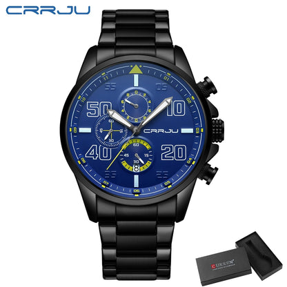 Relógio para homem CRRJU – Cronógrafo de luxo, mostrador grande, aço inoxidável, estanque, com indicação da data