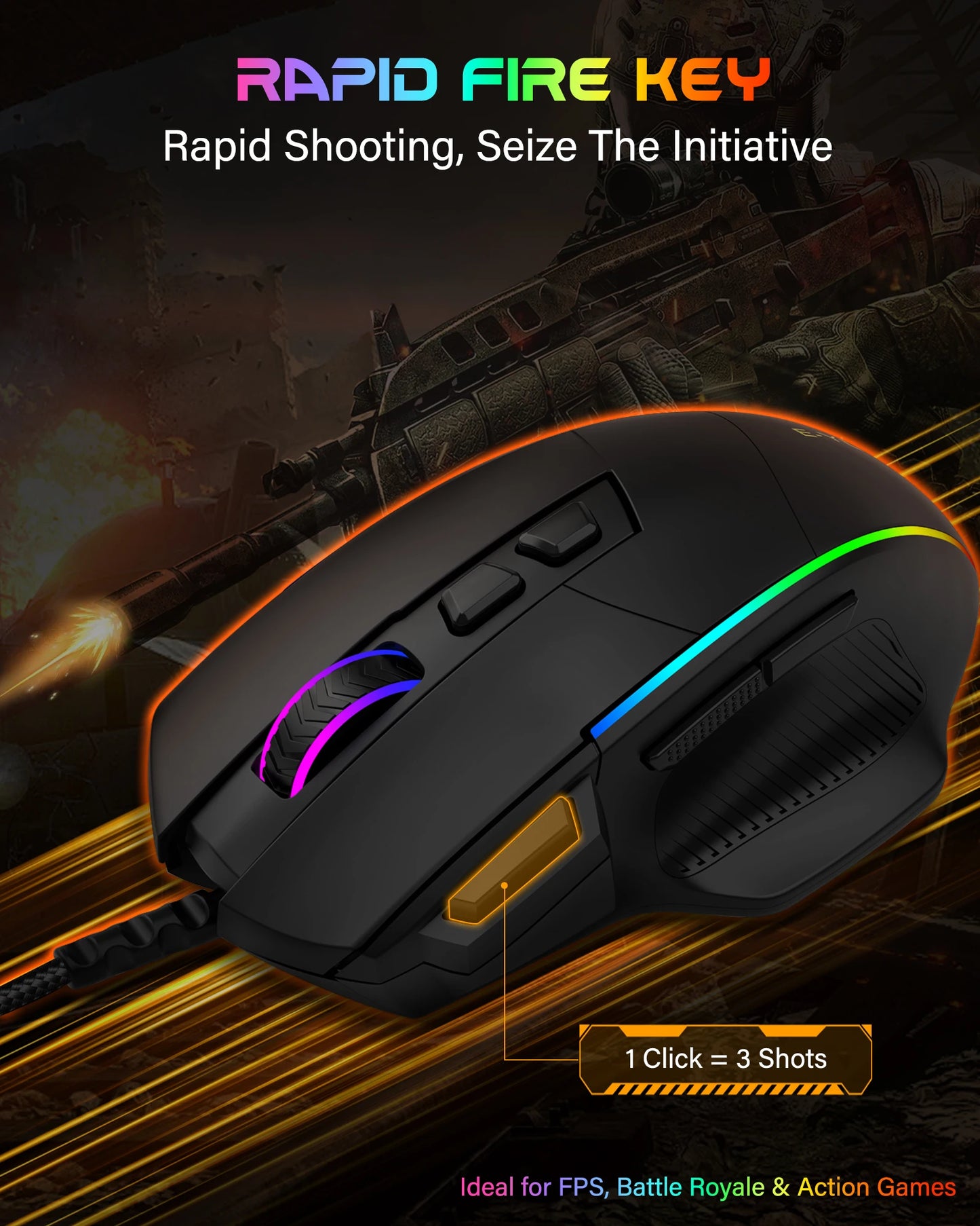 E-YOOSO X49 laidinė žaidimų pelė, reguliuojamas 12400 DPI jautrumas, RGB apšvietimas, 8 programuojami mygtukai, ergonomiška žaidimų pelė PC ir nešiojamajam kompiuteriui