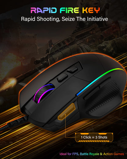 E-YOOSO X49 laidinė žaidimų pelė, reguliuojamas 12400 DPI jautrumas, RGB apšvietimas, 8 programuojami mygtukai, ergonomiška žaidimų pelė PC ir nešiojamajam kompiuteriui