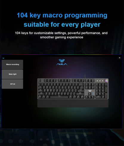 Teclado Mecânico AULA F2088 com Fio para Gaming, Botão Multifuncional, 104 Teclas, Retroiluminação Magic e Programação de Macros para Computador