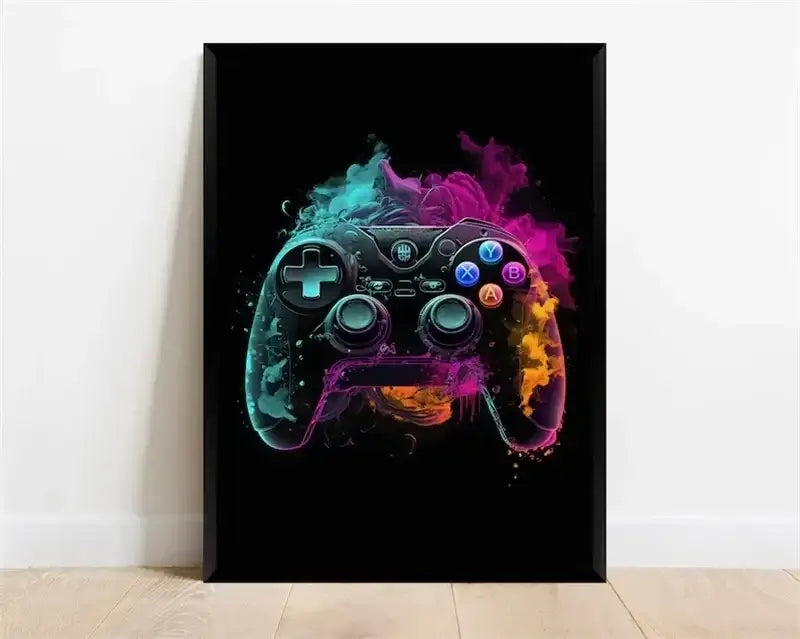 Póster Néon de Personagem de Videojogo com Gamepad, Auscultadores, Futebol e Basquetebol em Tela — Arte de Parede para Decoração de Quarto Gaming