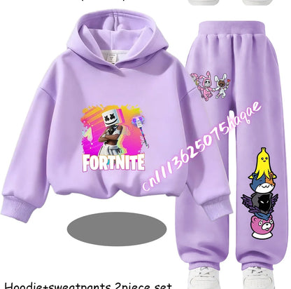 Sweats com Capuz Infantis Estampadas Fortnite, Conjunto Cartoon Confortável de 2 Peças, Tops Largos de Manga Comprida com Calças, Roupa de Outono/Inverno, Presente