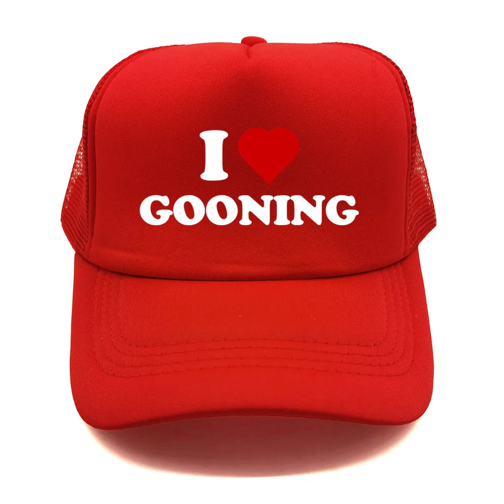 Juokingos „I Love Gooning“ beisbolo kepurės. Šaunios vasarinės vyriškos tinklinės kepurės. Humoro kupinos „Trucker“ stiliaus kepurės. Unisex lauko tinklinės kepurės MZ-080
