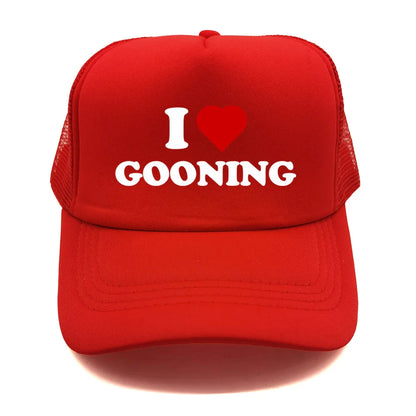 Juokingos „I Love Gooning“ beisbolo kepurės. Šaunios vasarinės vyriškos tinklinės kepurės. Humoro kupinos „Trucker“ stiliaus kepurės. Unisex lauko tinklinės kepurės MZ-080