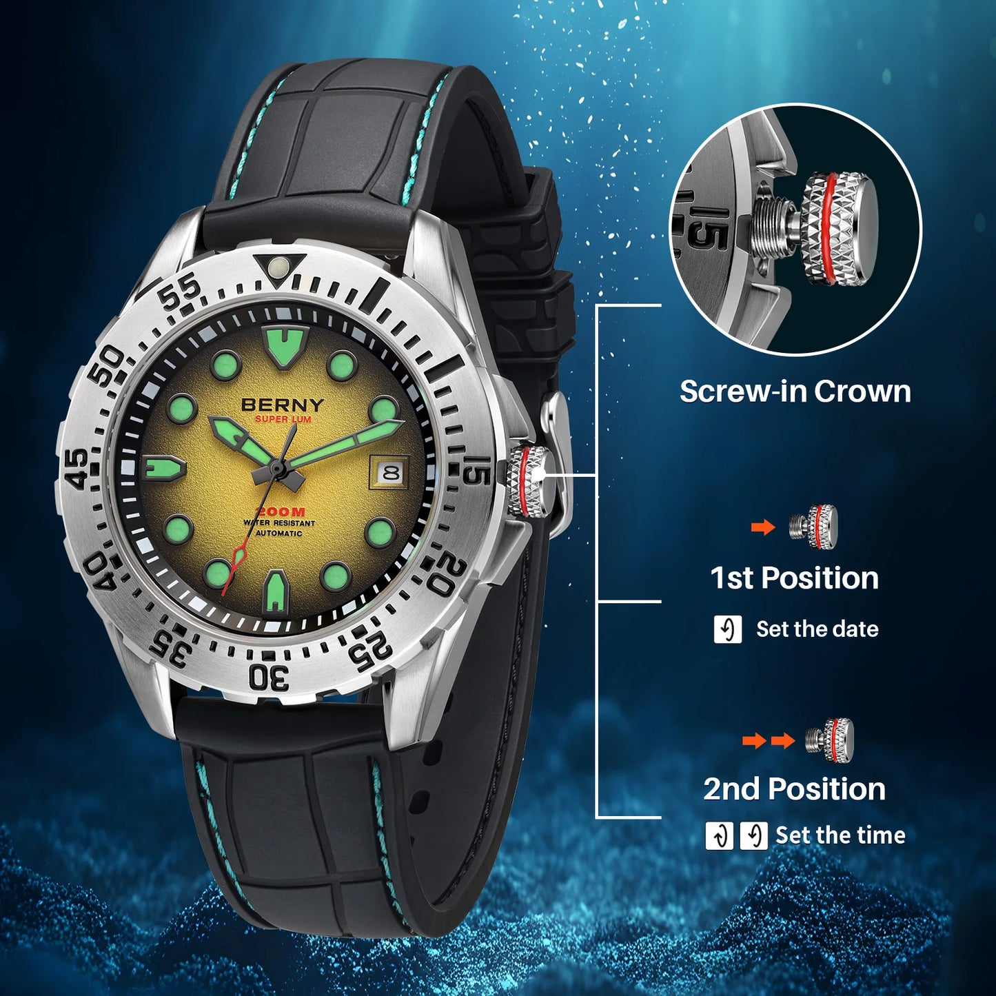 BERNY Automatic Diver Watch for Men Frosted Dial MIYOTA 8215 316L Supper Luminous Sapphire AR Fluororubber Men's Diving Watches