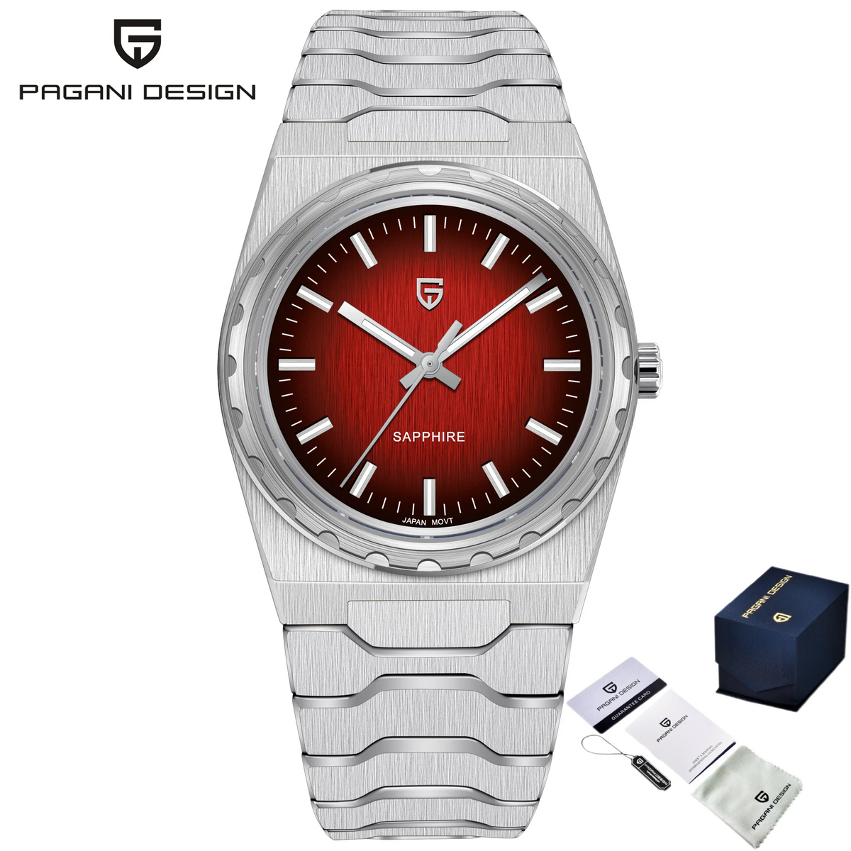 Relógio de luxo para homem PAGANI DESIGN – Edição limitada, vidro de safira, mostrador vermelho, aço inoxidável, estanque – PDYS020