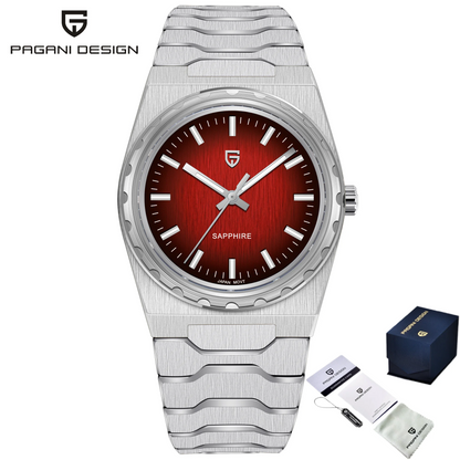Relógio de luxo para homem PAGANI DESIGN – Edição limitada, vidro de safira, mostrador vermelho, aço inoxidável, estanque – PDYS020