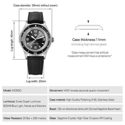 Watchdives WD50Q 38mm Watch Stainless Stee VH31 Sweep Seconds Quartz Movement Men Watches Bubble Sapphire Luminous Waterproof