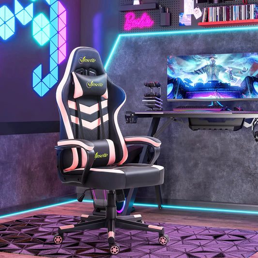 Vinsetto Swing Gaming Chair with Adjustable Pink Headrest, Ergonomic Office Gaming Chair with Lumbar Support, Height Adjustable Computer Chair