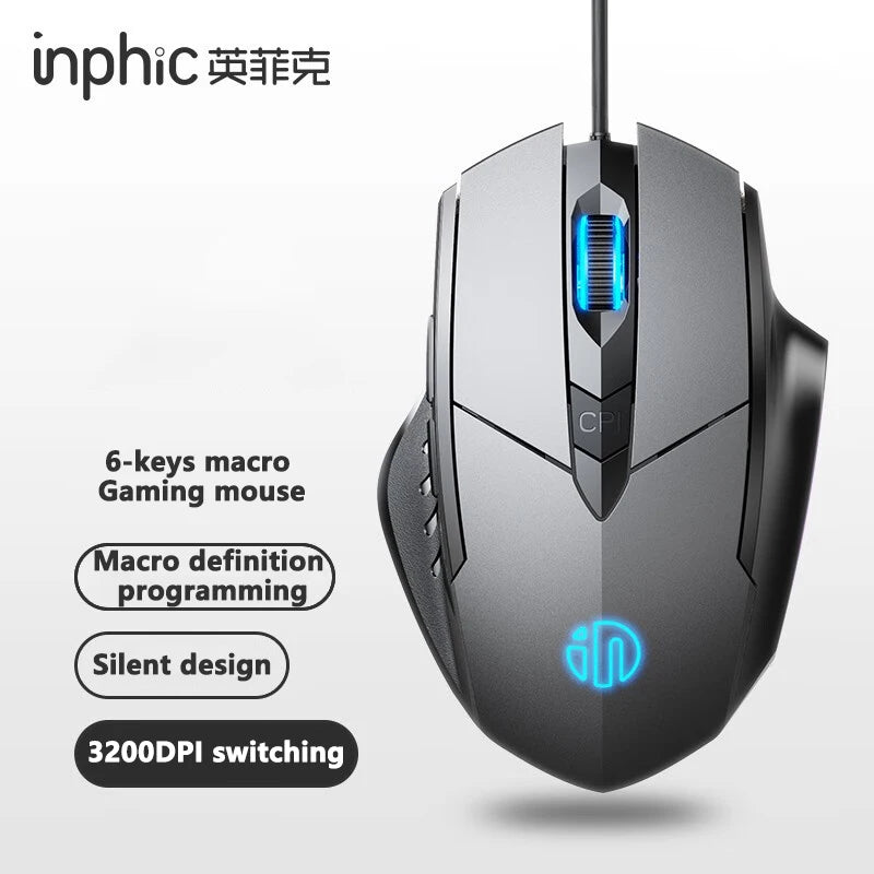 Mouse cu fir Inphic W1, mouse eSports pentru gaming, mouse silențios pentru birou, opțiuni cu trei taste și șase taste