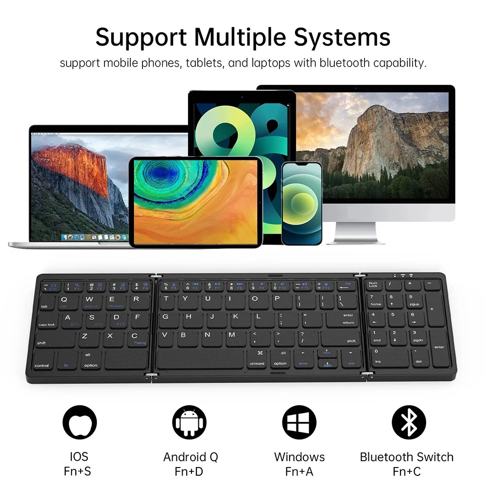 Teclado Bluetooth sem fios dobrável e recarregável para iPad, telemóvel, tablet, notebook e escritório — mini teclado sem fios