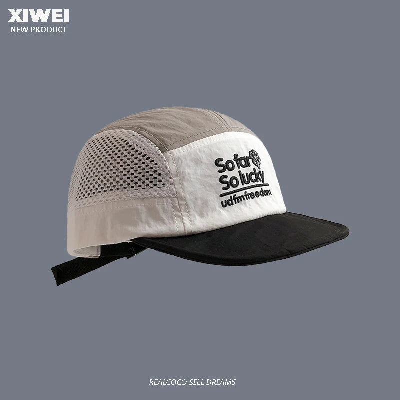 Cappellino da estate con ricami abbinati ai colori, ad asciugatura rapida, per uomo e donna, per sport all’aperto, in rete traspirante, con visiera parasole, a cinque pannelli, stile baseball