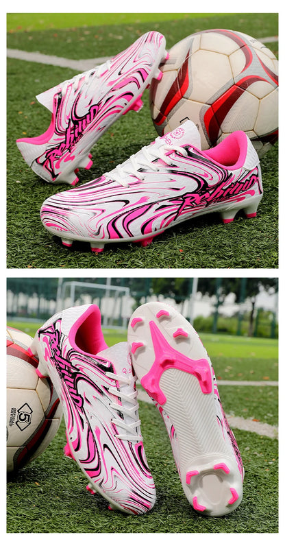 Chaussures de football pour hommes de haute qualité, sans lacets, couleur rose, modèle à enfiler, crampons antidérapants, chaussures de football pour garçons, modèles TF/FG pour l'entraînement, chaussures de football p