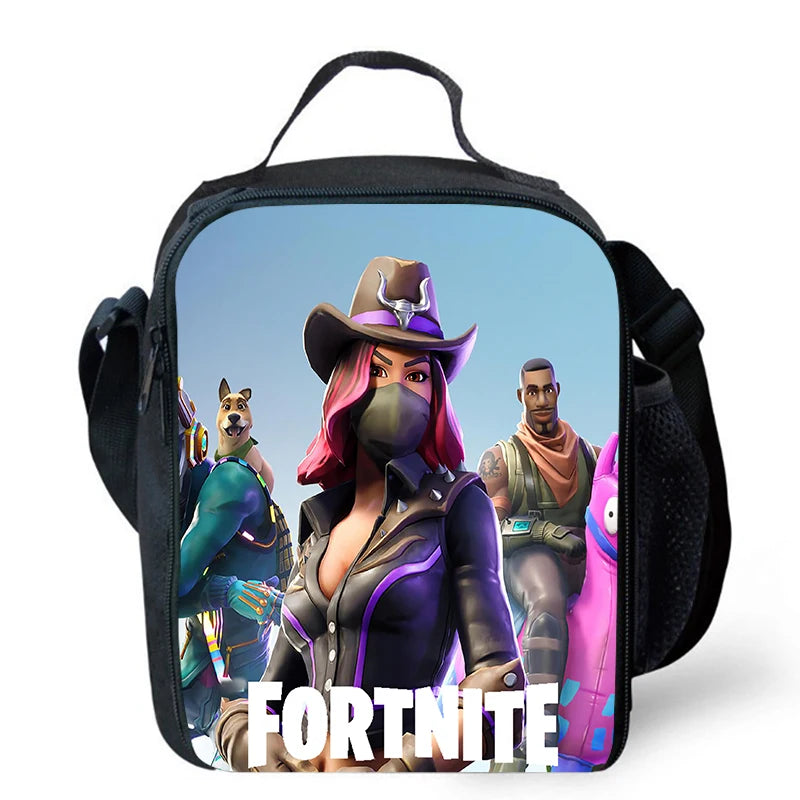 Fortnite cartoon lunch bag, portable insulated lunch bag, reusable food storage bag, suitable for children and students.