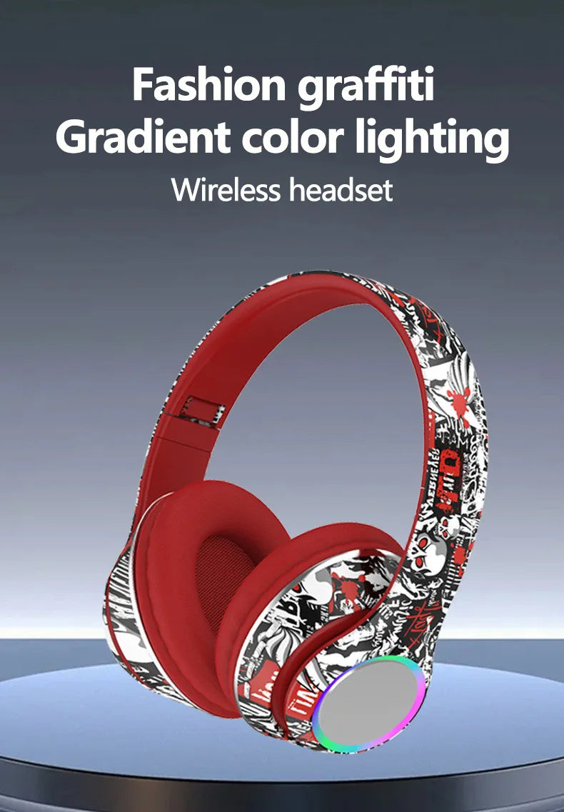 P85 Graffiti Wireless Headset Bluetooth 5.3 Gamer Headphones with Microphone Overhead Headphone with LED Light Foldable FM Radio