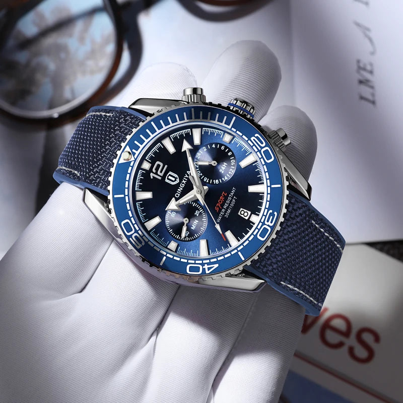 QINGXIYA Brand Luxury Multifunctional Quartz Watch Men Silicone Strap Waterproof Luminous Chronograph Watches Mens Sports Watch