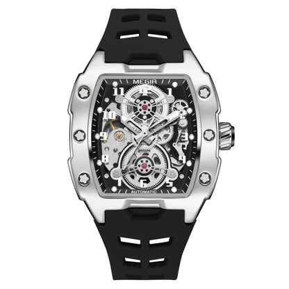 MEGIR Fashion Sport Alloy Case Men Mechanics Watch Waterproof Silicone Band Barrel Shaped Dial Luminous Pointer Man Wristwatches