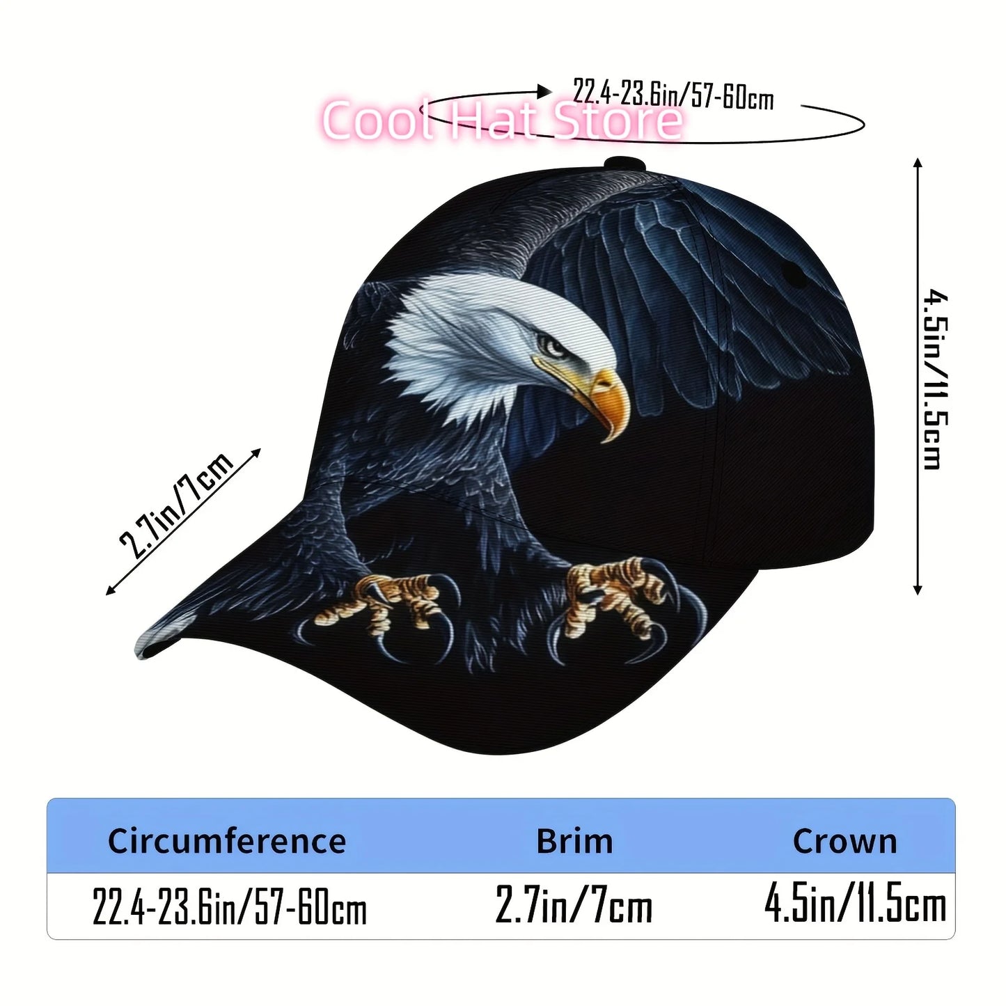 One Baseball Cap Featuring a Majestic Eagle in Flight, Equipped with an Adjustable Strap. This Lightweight And Foldable Hat Is P