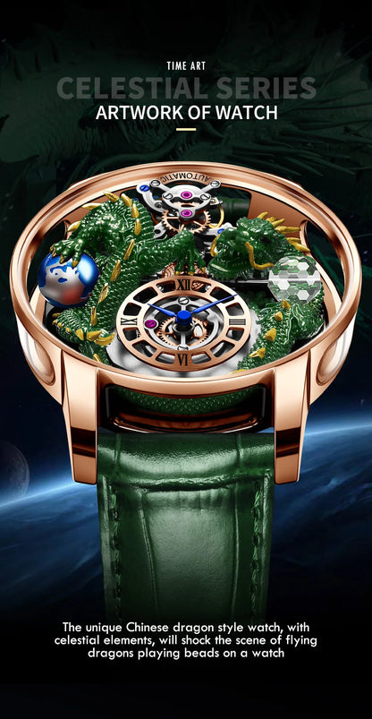 PINDU Design Celestial Body Series Traditionnelle Artisanat Three Dimensional Dragon Men Watch Curved Mirror Transparent Globe