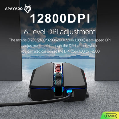 1K Hz Gaming Mouse Wired APAYADO T4 RGB Mouse with Ultra-light Cord 60IPS,12800DPI for Laptop/Computer