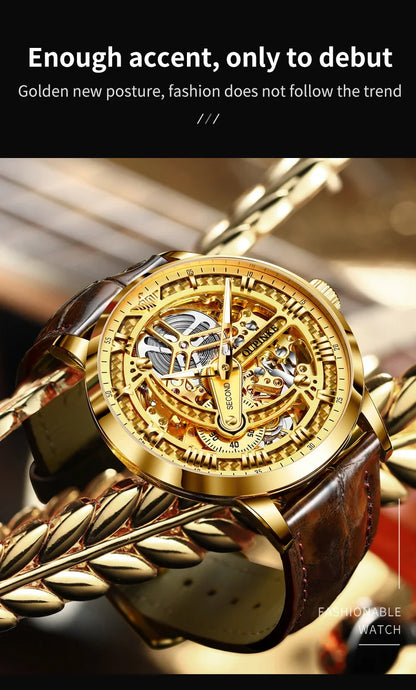 OUPINKE 3173 Skeleton Automatic Mechanical Watch Luxury Brand 50M Waterproof Watch Leather Strap Mens Watch Box Gifts Reloj