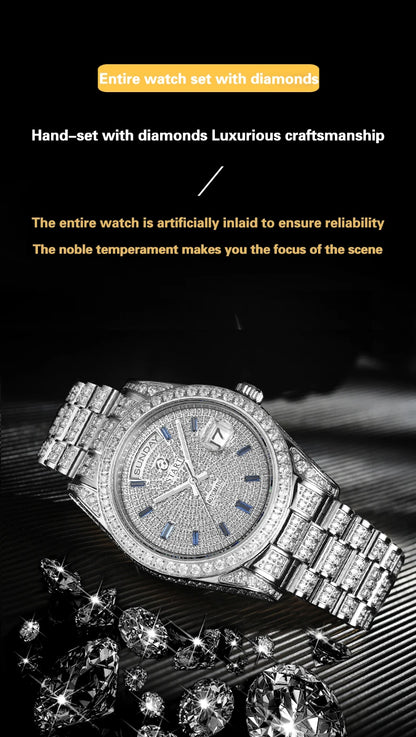 【START】Men's Watch Swiss Automatic Mechanical Movement Diamond Watch Waterproof Date Week Function Golden Watch