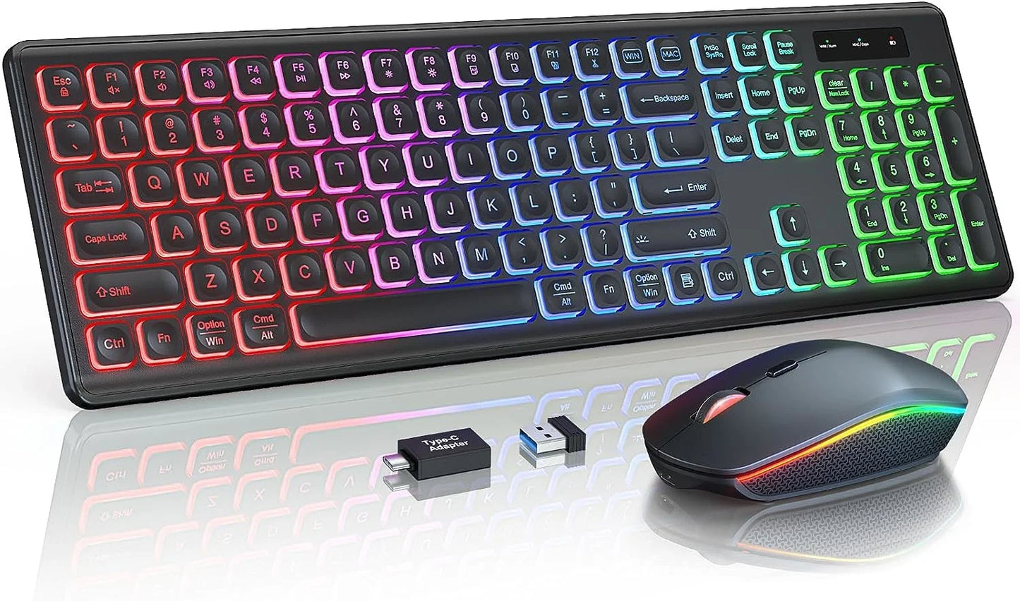 Conjunto de teclado e rato sem fios com retroiluminação RGB, letras iluminadas recarregáveis, tamanho completo, ergonómico, modo de suspensão, 2.4GHz