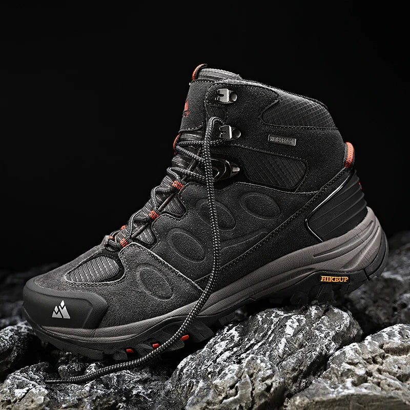 Botas de caminhada de cano alto HIKEUP para homem, calçado de inverno para exterior, com atacadores, antiderrapantes, desportivas casuais para trekking, impermeáveis, em camurça