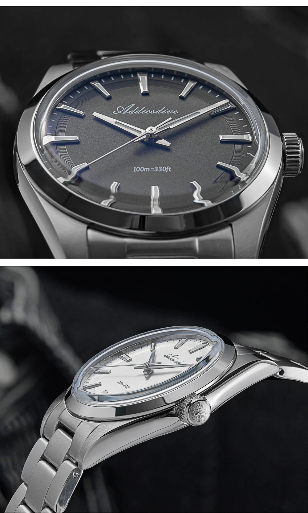 Relógio de homem ADDIESDIVE em aço, estilo de luxo, equipado com vidro abaulado, movimento de quartzo e revestimento luminescente azul BGW9; resistente à água até 100 ATM, indicação analógica – Modelo AD2066