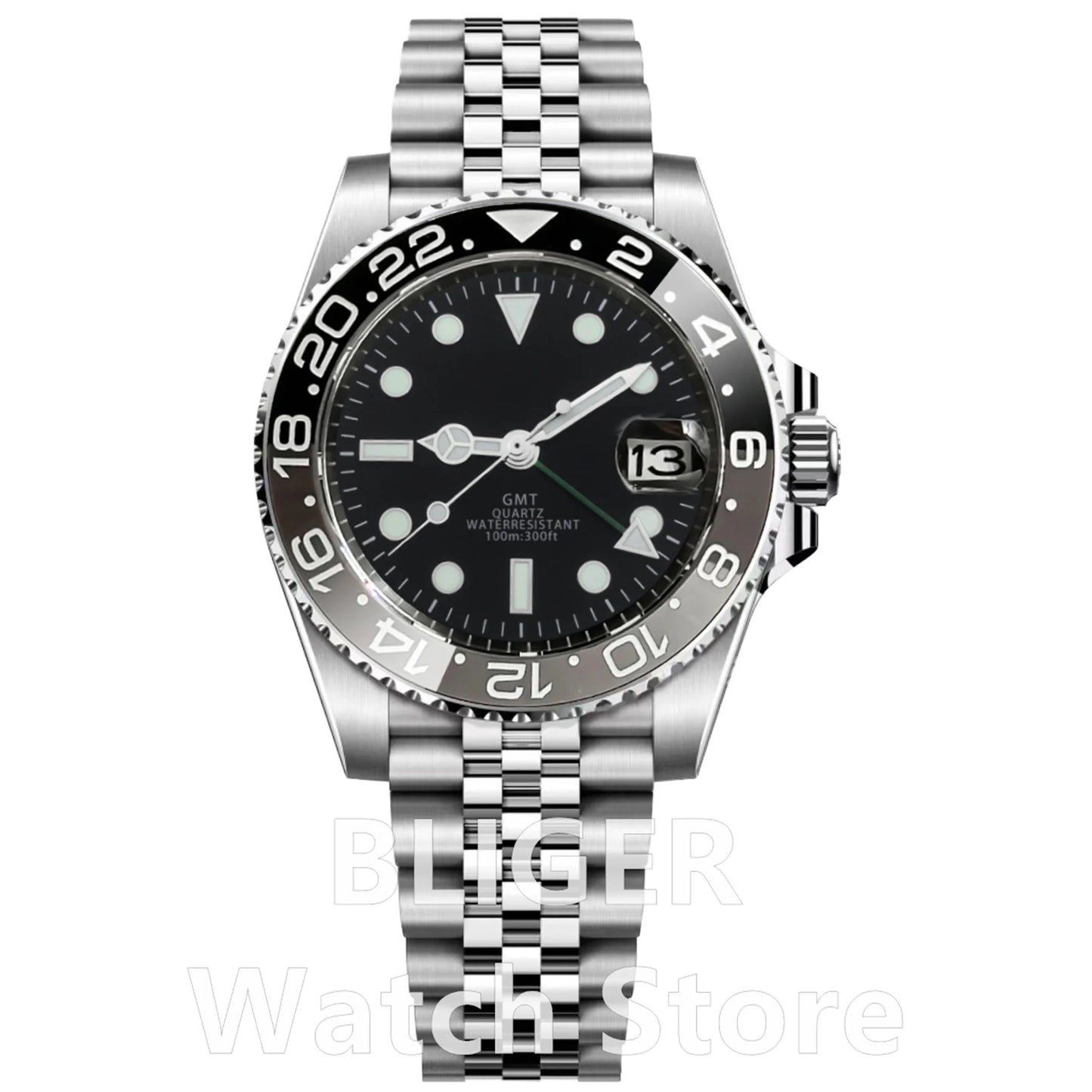 BLIGER 40mm 515 24H GMT Men's Watch Stainless Steel Clasp Luminous Quartz Movement Ceramic Bezel Sapphire Glass 10Bar Waterproof
