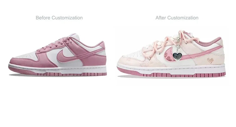 Individualizuoti sportiniai bateliai „Nike Dunk“ „Honeyed Rose“ – naujojo kinietiško stiliaus, rankomis tapyti su širdelėmis, žemi moteriški riedlentininkų bateliai