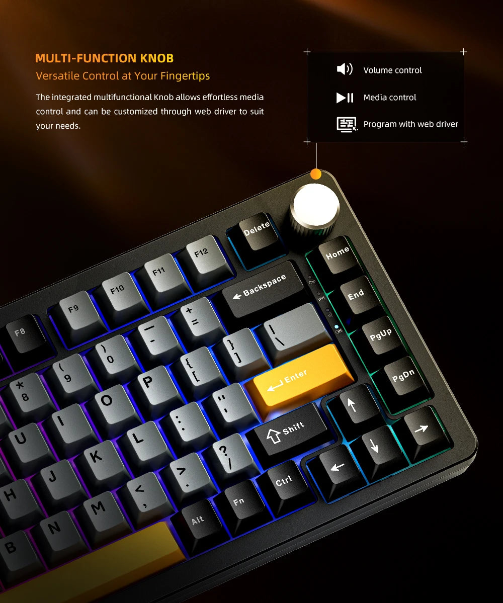 Teclado mecánico Machenike K600-B82W Tri-Modos con montaje gasket, diseño ANSI 75%, retroiluminación RGB y conexión inalámbrica para gaming