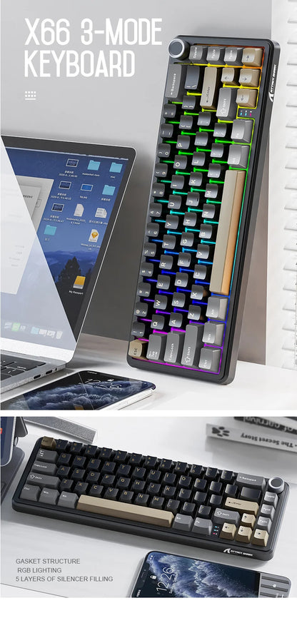 Teclado mecânico sem fios Attack Shark X66, layout compacto 65%, retroiluminação RGB, gasket, hot swap, Bluetooth, USB-C, PBT, bateria de grande capacidade