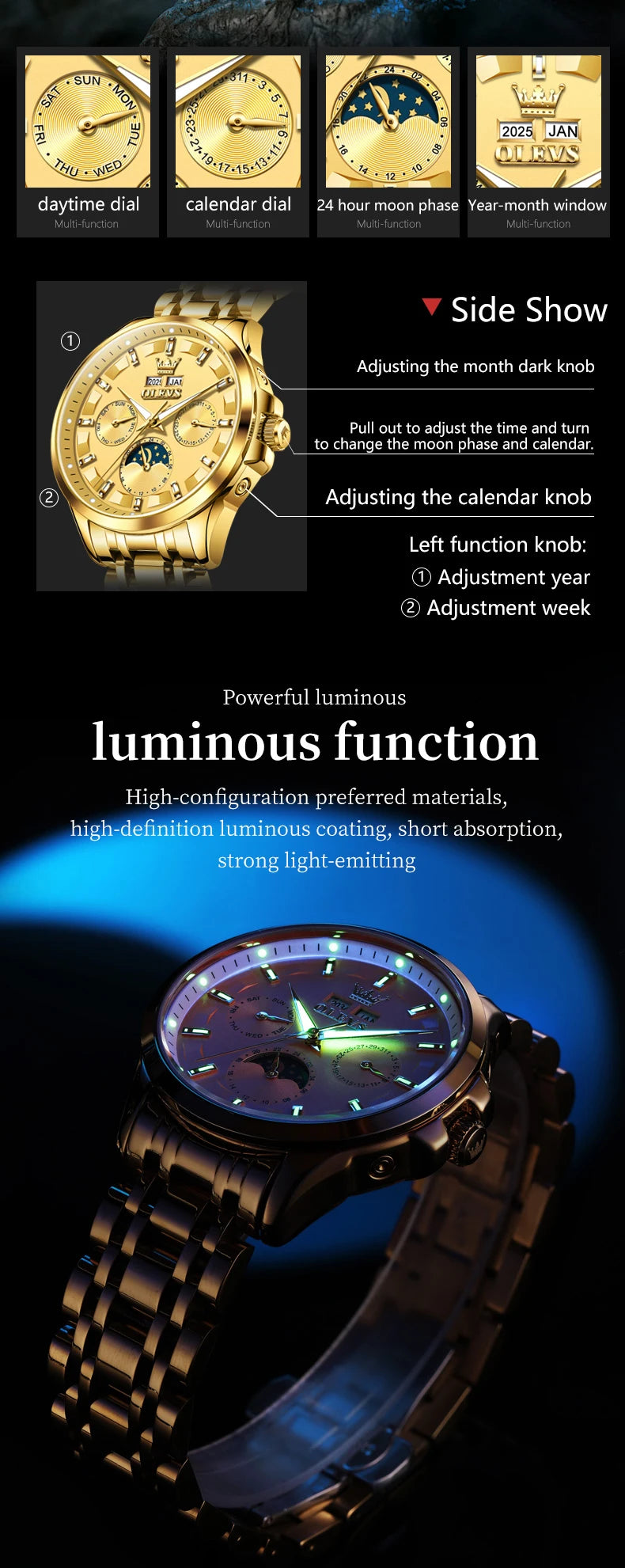 OELVS 7070 New Mens Watch Luxury Automatic Mechanical Watches For Man Moon Phase Waterproof Luminous Steel Watch Gift Box Reloj