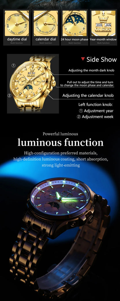 OELVS 7070 New Mens Watch Luxury Automatic Mechanical Watches For Man Moon Phase Waterproof Luminous Steel Watch Gift Box Reloj