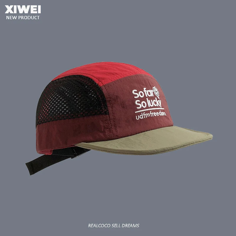 Cappellino da estate con ricami abbinati ai colori, ad asciugatura rapida, per uomo e donna, per sport all’aperto, in rete traspirante, con visiera parasole, a cinque pannelli, stile baseball