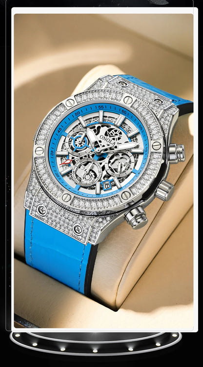 ONOLA Luxury Style Diamond Inlaid Men Quartz Watch Leather Strap Calendar Men Watch 30M Waterproof Men Clock
