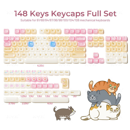 Keycaps XVX 148 Teclas Tema Gato Perfil MAO Keycap Coreana Brilhante e Fofa para Teclado 61 64 68 78 87 96 98 104 108