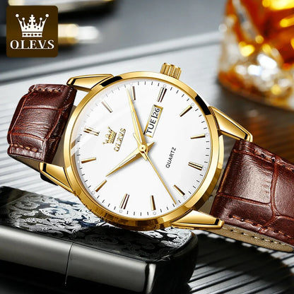 Relógio de quartzo OLEVS para homem – Estilo luxuoso e elegante, bracelete em pele, indicação da data e do dia, resistente à água, ideal para o trabalho