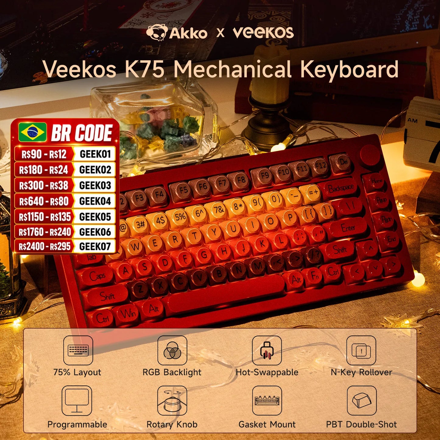 AKKO 5075 X Veekos K75 Tastiera meccanica da gaming 75% RGB 3/5-Pin Hot Swap cablata personalizzata con manopola e guarnizione