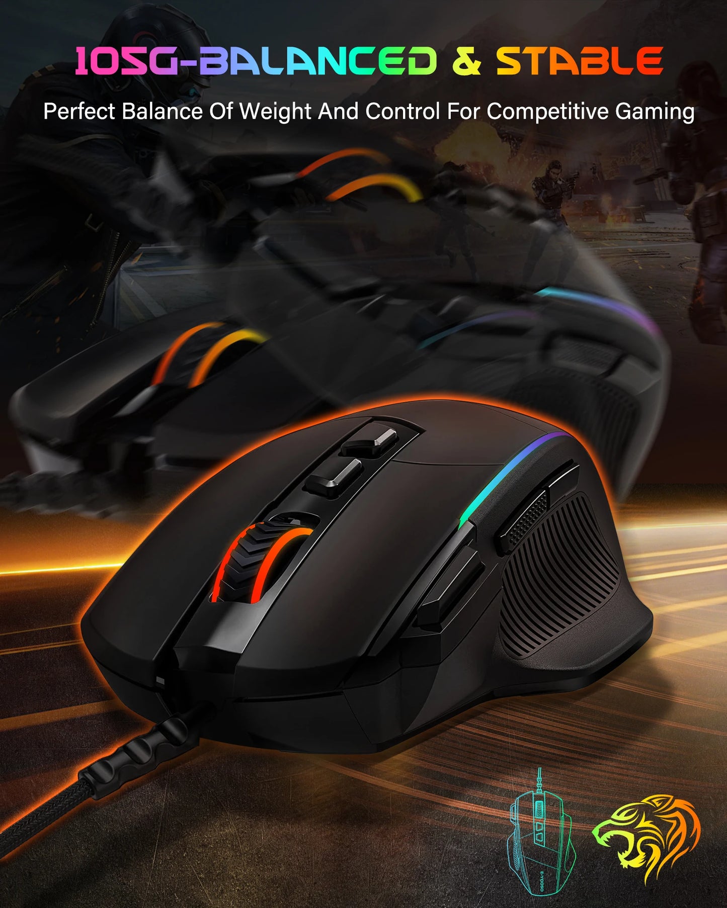 E-YOOSO X49 laidinė žaidimų pelė, reguliuojamas 12400 DPI jautrumas, RGB apšvietimas, 8 programuojami mygtukai, ergonomiška žaidimų pelė PC ir nešiojamajam kompiuteriui