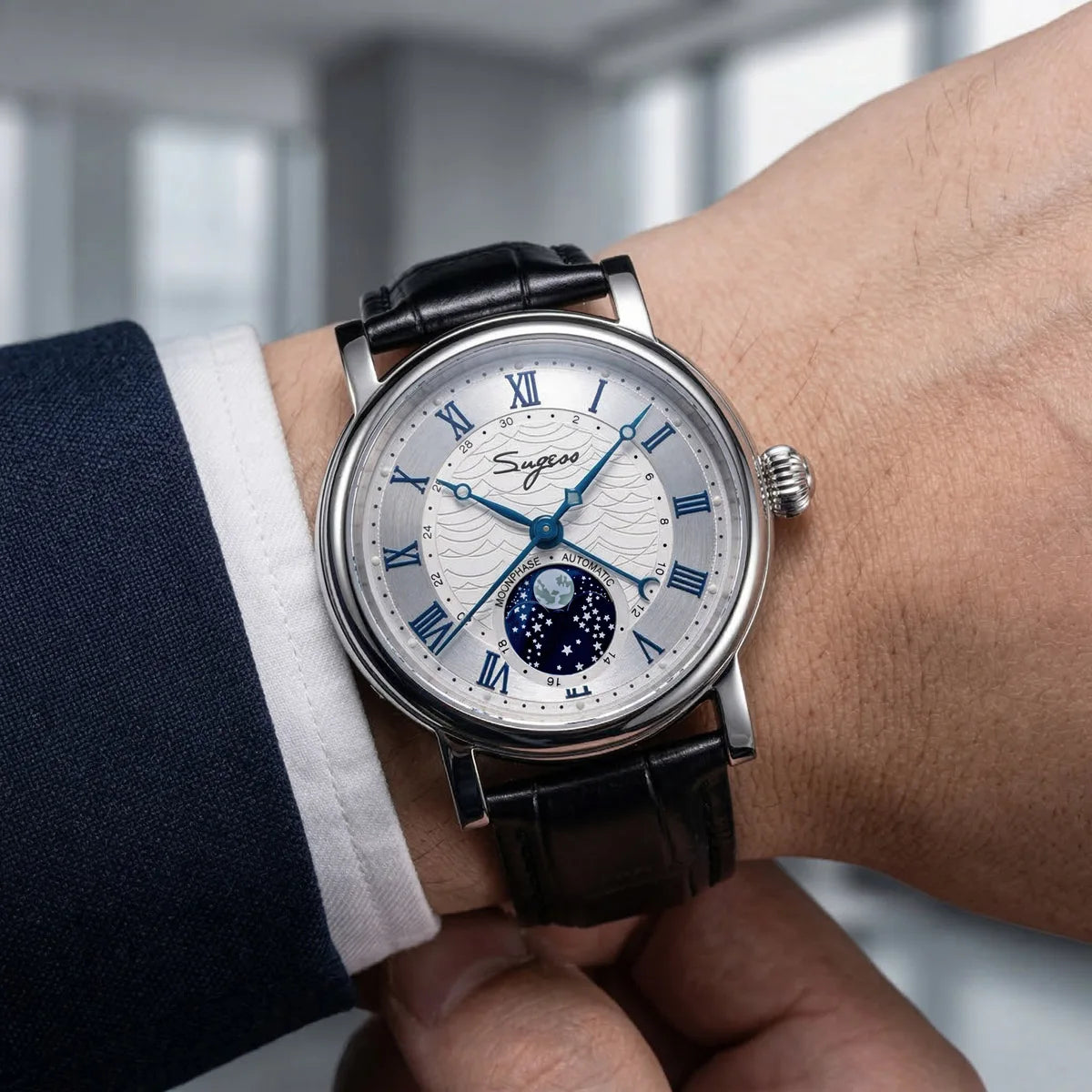 Sugess Watches for Men Automatic Mechanical Watch Moonphase Tianjin ST2108 Waterproof Date Hands Sapphire Crystal Rome Wave Dial