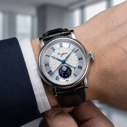 Sugess Watches for Men Automatic Mechanical Watch Moonphase Tianjin ST2108 Waterproof Date Hands Sapphire Crystal Rome Wave Dial