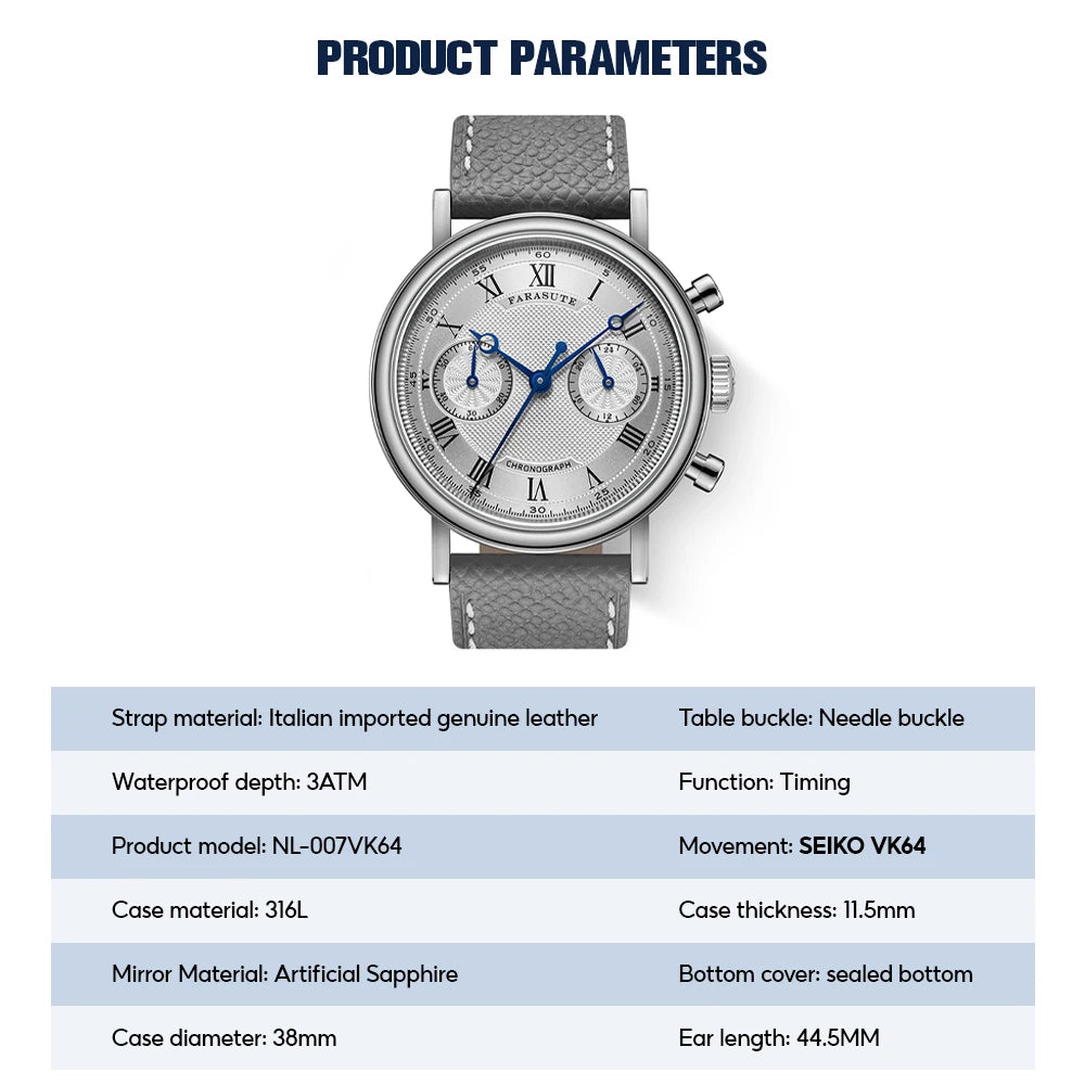 FARASUTE 2025 New Retro Mens Watches Quartz Watch For Men Speed Sports Chronograph AR Coating Sapphire VK64 Clock Reloj Hombre