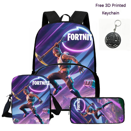 FORTNITE 3Pcs Lightweight Backpack With Front Pocket,Crossbody Bag&Pencil Case For Age 6-10 Boys Girls,Free 3D Printed Keychain