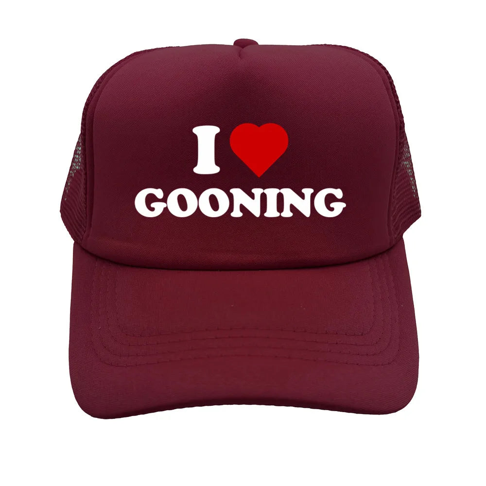 Juokingos „I Love Gooning“ beisbolo kepurės. Šaunios vasarinės vyriškos tinklinės kepurės. Humoro kupinos „Trucker“ stiliaus kepurės. Unisex lauko tinklinės kepurės MZ-080